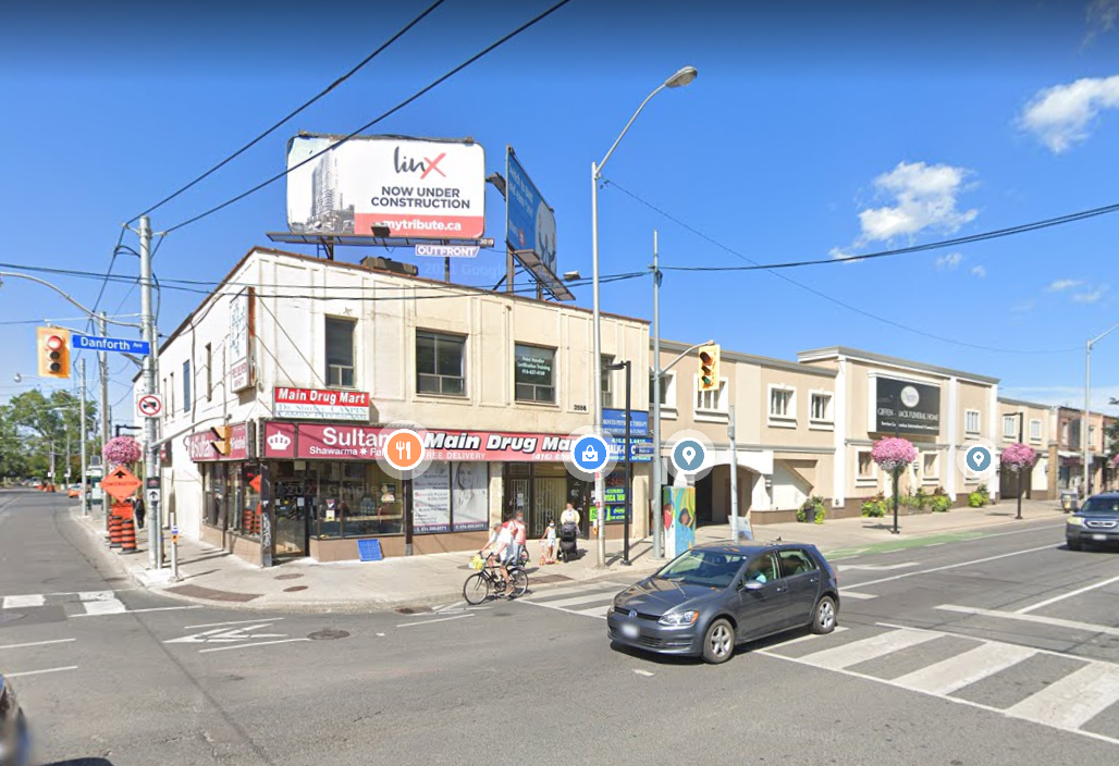 The corner of Danforth and Main today